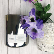  Black Violet & Saffron Metallic Glass Wooden Wick Candle -Fall Collection